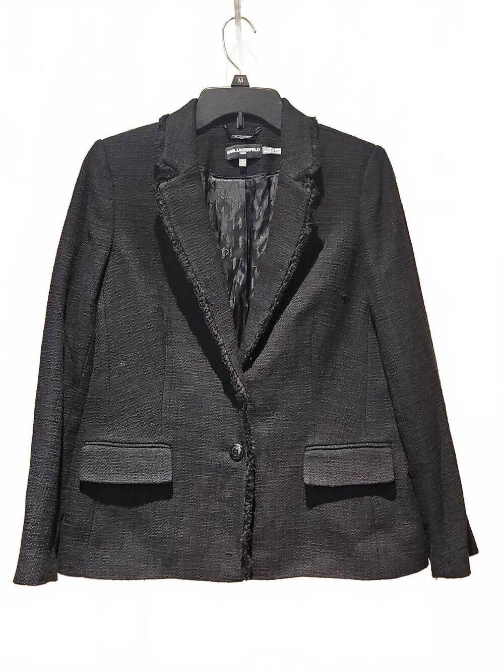 Karl Lagerfeld Paris Black Tweed Fringed Blazer Jacket Size 10 P  NWT  Ret $189